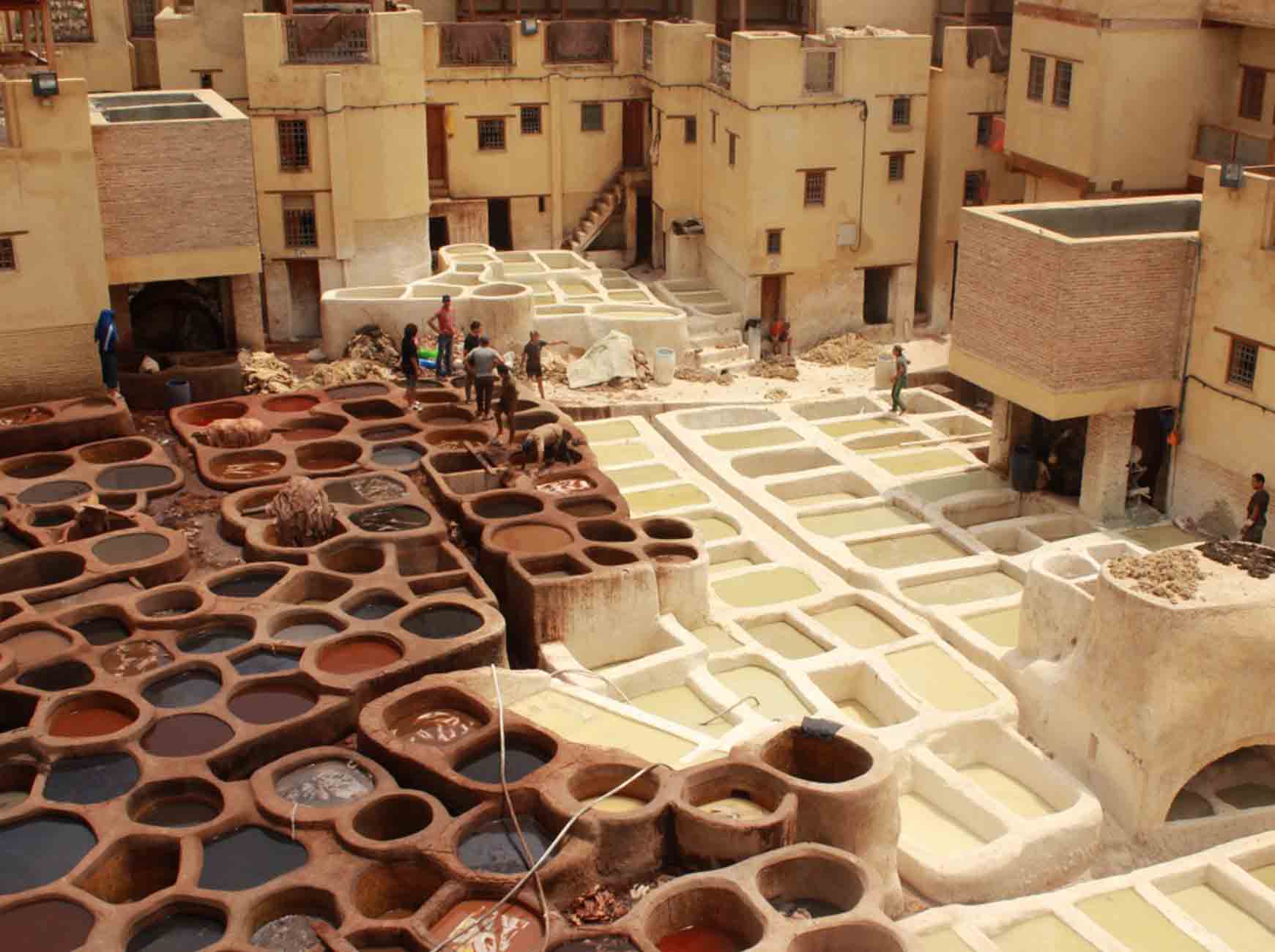 Aerial view of the Fes medina rooftops at dusk.