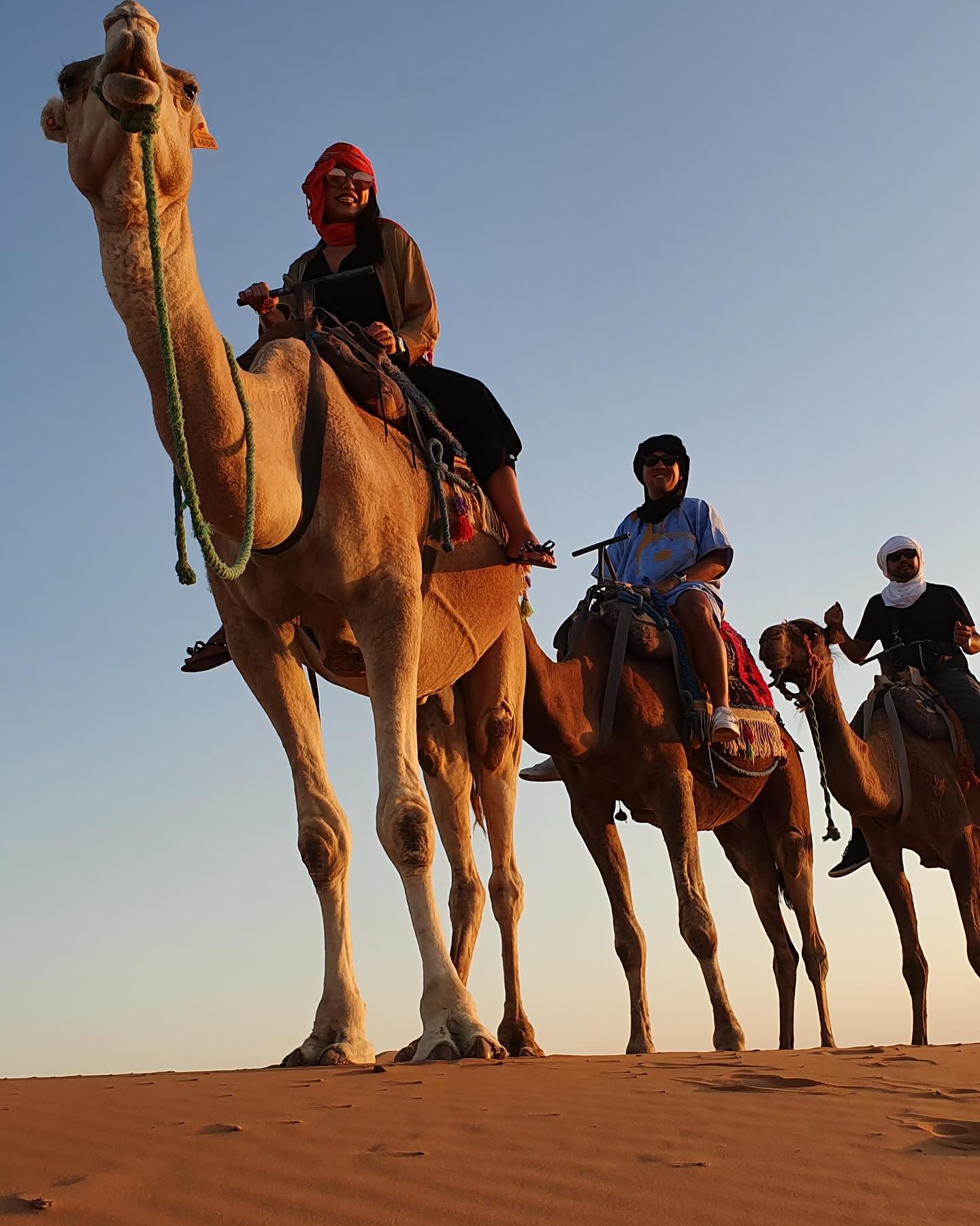 Sahara desert camp at sunset near Merzouga.